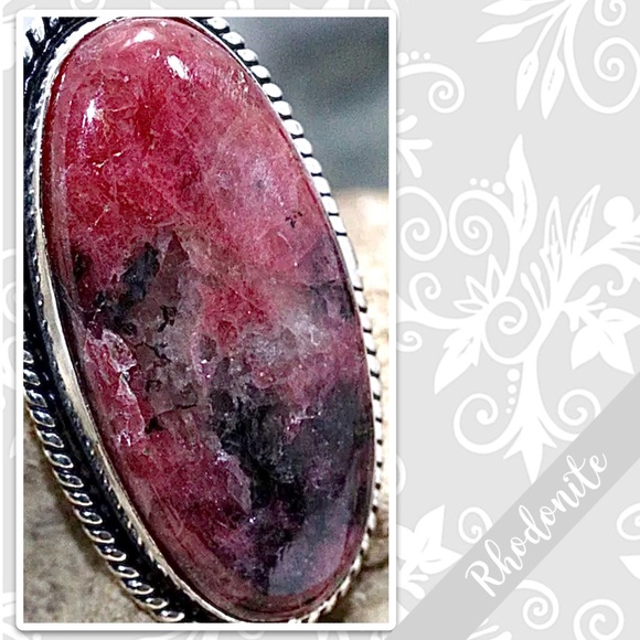 Rhodonite Large Eclectic Silver Artisan Ring, Sz 6.5 (Berry Pink, Black, White)